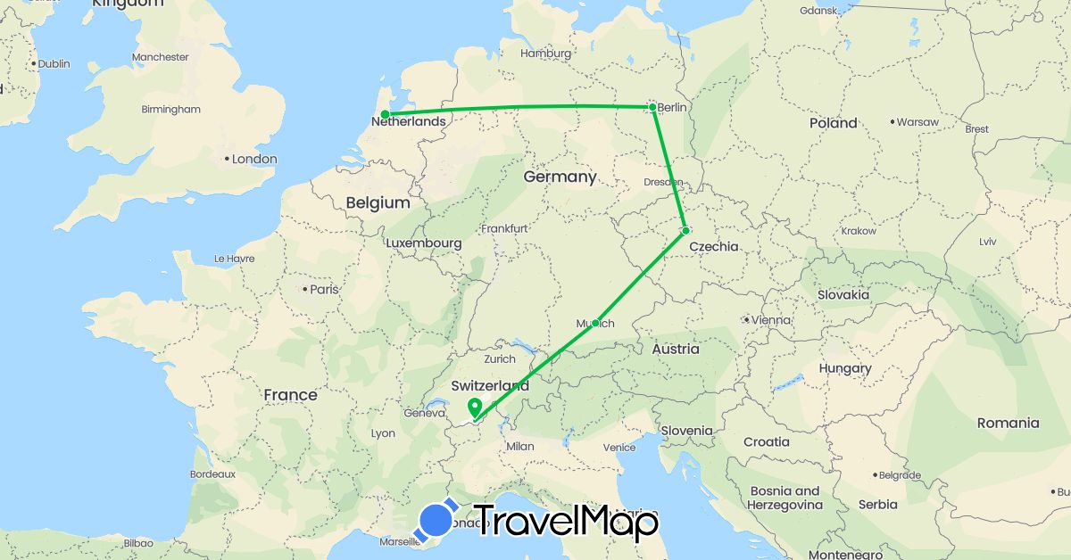 TravelMap itinerary: bus, plane in Switzerland, Czech Republic, Germany, Netherlands (Europe)